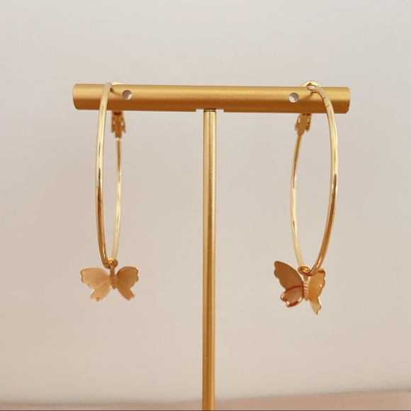 14K Gold plated Butterfly large earring hoops - Picture 2 of 7